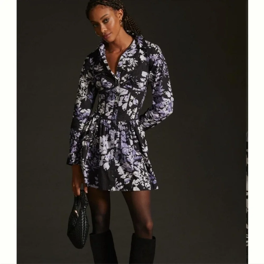 Anthropologie Corset Shirt Dress 6 Floral Button Front